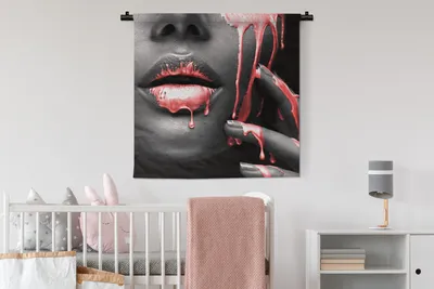 Produktbild von MuchoWow® Wandteppich Wandbehang Lippen - Rot - Schwarz 90x90 cm Tapisserie Dekoration Wandtuch - Wandaufhänger
