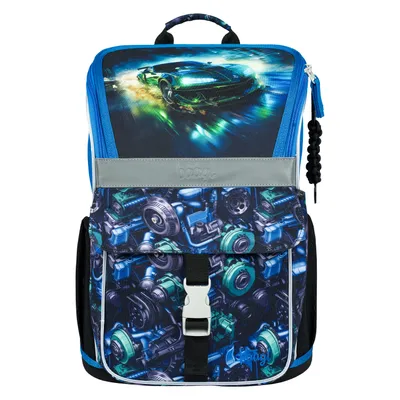 A backpack with a car graphic on the top flap and a mechanical design on the front pocket.