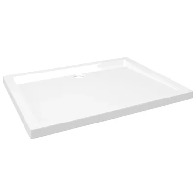 A white rectangular shower tray with a drain hole in the center, shown from a slightly elevated side angle against a white background.
