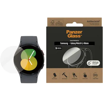 Zdjęcie produktu dla PanzerGlass ® Screen Protector Samsung Galaxy Watch 5 40mm, Samsung, Samsung - Galaxy Watch 5 40mm, Aplikacja na sucho, Odporny na zadrapania, Odporny na wstrząsy, Przeciwbakteryjny, Przezroczysty, 1 szt.