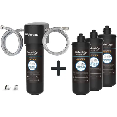 A product shot of a water filter system and replacement filters.