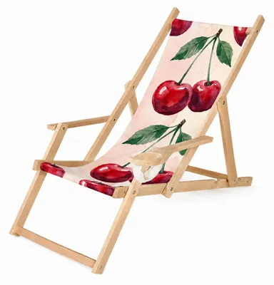 Produktbild von Holz Klappliegestuhl mit Armlehne und Getränkehalter, Rote Kirschen Motiv, klappbar