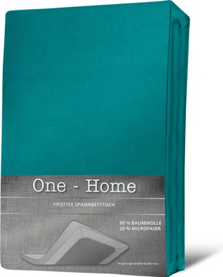 A folded teal fitted sheet is presented on a white background, with a grey label at the bottom displaying product information.