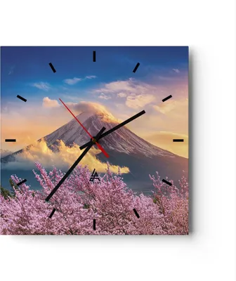 Produktbild von Wanduhr - Quadrat - Glasuhr - Fuji Blume Kirsche - 30x30cm - Schleichendes Uhrwerk - Lautlos - zum Aufhängen bereit - Dekoration Modern - Wanddekoration aus Glas - C3AC30x30-4490
