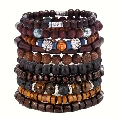 Produktbild von 10er-Armband-Set – Damen Herren Jugendliche – Holzperlen & Naturstein Tigerauge Lava – Elastisch Boho Vintage Modeschmuck Geschenkidee Festival