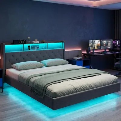 Zdjęcie produktu dla BEALIFE Łóżko tapicerowane 160x200 cm z podwójnym stelażem i listwą LED | Ciche, zawieszone łóżko z gniazdkiem elektrycznym i półką na zagłówku | Beżowy/ciemnoszary | AF19