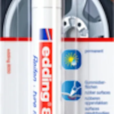Close-up of two white markers with red and blue accents, one with a silver wheel in the background.