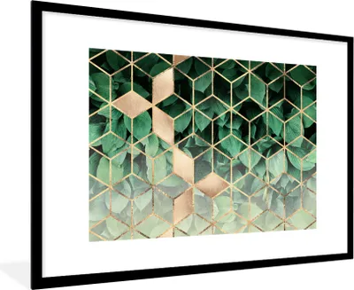 Produktbild von MuchoWow® Gerahmtes Poster Blätter - Gold - Würfel - Luxus 90x60 cm - Poster mit Schwarzem Bilderrahmen Wandposter Rahmen Foto Bilder - Wanddekoration - Fotos