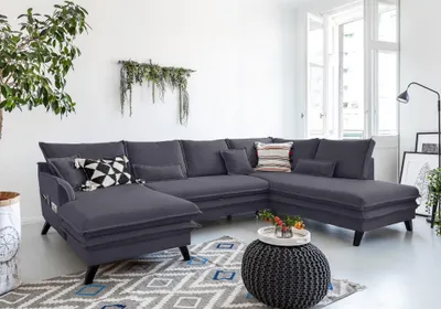 Produktbild von MIUFORM Charming Charlie - Ecksofa mit Bettfunktion und Bettkasten U-FORM RECHTS - 302x200cm - Dunkelgrau - Sofa Schlafsofa Couch