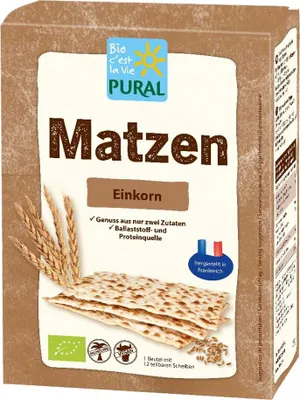 A product package for Matzen Einkorn crackers, showing the product and branding.