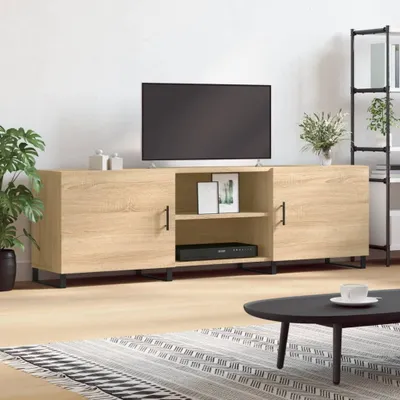 A TV stand with a TV on it, in a living room setting.