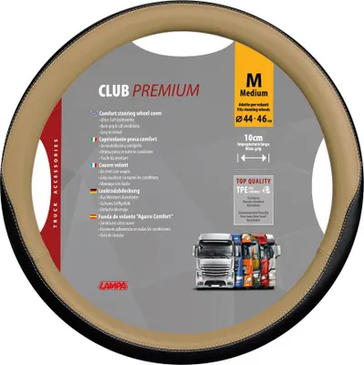 A steering wheel cover with product information and truck images.