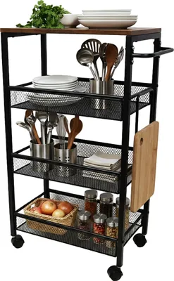 Image de Étagère d'encastrement Relaxdays, H x l x P : 77 x 22 x 45 cm, étagère d'encastrement étroite pour salle de bains et cuisine, 4 niveaux, étagère à roulettes en métal, marron/noir