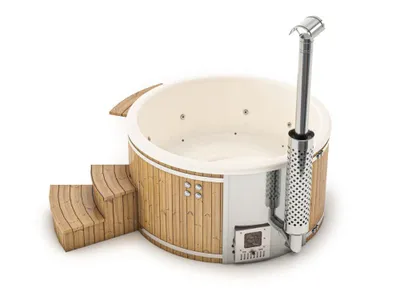 Produktbild von FinnTherm Holz Badefass Stockholm aus Thermoholz, Whirlpool, Hot Tub Ø 180 cm, in Cremeweiß, 8 Personen, inkl. Edelstahl-Ofen (30 kW), Schwimmbecken, Badebottich, Sprudelbad