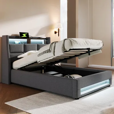 Image de MODFU Lit coffre 90x200 - Lit ados avec USB et LED - Lin - Sans Matelas - Gris