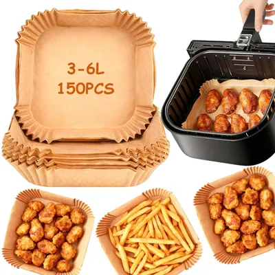 Productafbeelding van 150 vellen bakpapier voor heteluchtfriteuses (3-6 liter), 16-20 cm vierkant, waterdicht bakpapier voor heteluchtfriteuses, ovens en magnetrons.