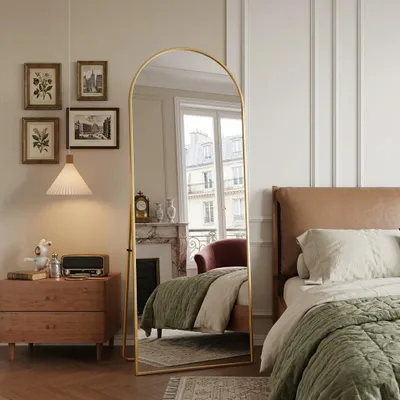 Immagine prodotto di Specchio a figura intera INONEFT, 162x53 cm, specchio da terra con cornice in alluminio, forma ad arco, montabile a parete, dotato di base, ideale per la camera da letto, colore oro