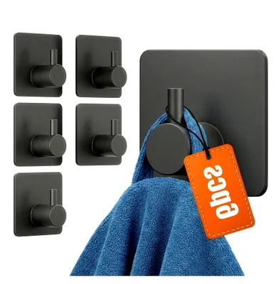 Produktbild von Selbstklebende Handtuchhaken ohne Bohren, Klebehaken für Bad und Küche, Schwarze Klebehaken für das Badezimmer, Edelstahl Selbstklebende Haken, 6er Set
