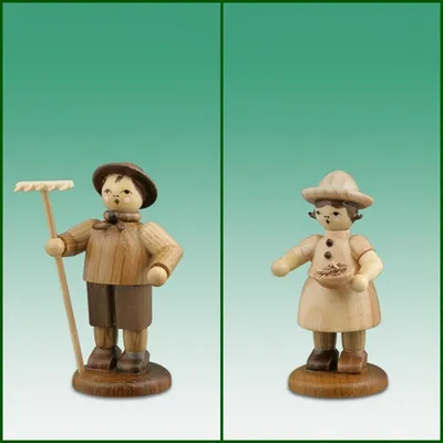 Produktbild von Holzfiguren Bauernpaar mit Schale und Rechen natur Höhe 7cm NEU