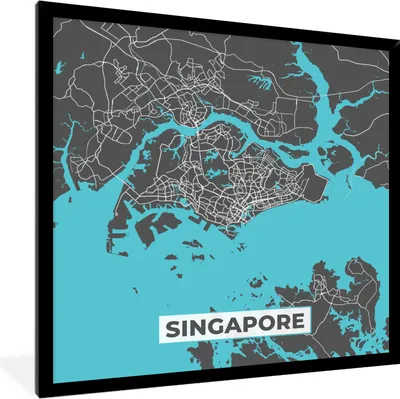 Produktbild von MuchoWow® Gerahmtes Poster Singapur - Karte - Blau - Stadtplan 40x40 cm - Poster mit Schwarzem Bilderrahmen Wandposter Rahmen Foto Bilder - Mit Rahmen - Wanddekoration Schlafzimmer