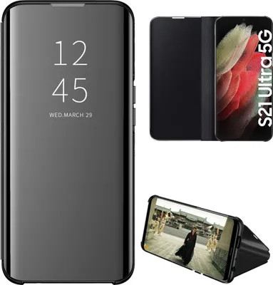 A collage of images showing a phone case from different angles, including a close-up of the case with a phone inside displaying the time and date, and another image showing the phone case in a stand position.