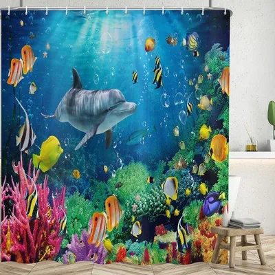 Immagine prodotto di Griglia da bagno - Bagno - 120 x 200 cm - Oceano blu - Colorato mondo sottomarino - Balena delfino - Coralli - Poliestere impermeabile - Griglia da bagno per vasca con 8 ganci Griglia da bagno 120x200