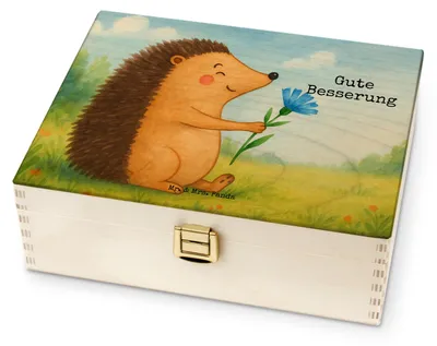Produktbild von Mr. & Mrs. Panda Holz Teebox Igel Blumen Design - Weiß - Geschenk, tee aufbewahrung, für Paare, Gute Besserung, Krankheit, Tee-Aufbewahrungsbox, Teeaufbewahrung, Box