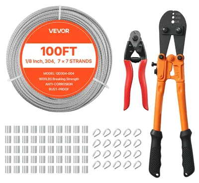 Imagen del producto de Kit de cable de acero VEVOR, diámetro de 3,18 mm x 30,5 m, cable de acero inoxidable 304, con 124 accesorios, resistencia a la rotura de 7,1 kN, trenzado 7x7, calidad de construcción para aplicaciones marinas y aeronáuticas