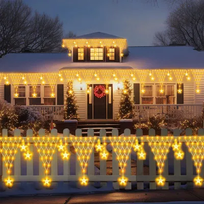 Productafbeelding van LED-lichtketting met sterren, lichtnet met 8 lichtmodi, lichtgordijn, kerstverlichting voor kerst, Halloween, feestjes en decoratie, warm wit