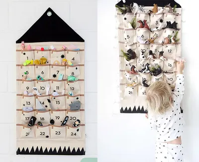 A collage of two images showing a fabric advent calendar with numbered pockets, one image showing the calendar filled with small toys and the other showing a child interacting with it.
