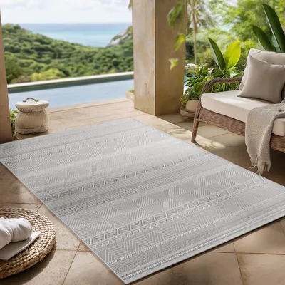 Produktbild von Outdoor Teppich wetterfest, Balkon, Terrasse, Garten, Wohnzimmer und Esszimmer, Skandinavisches Boho-Design, Größe: 140 x 200 cm, Farbe: Grau-3
