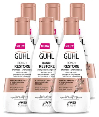 Imagen del producto de 6 champús Guhl Bond+ Restore para cabello dañado, 250 ml cada uno. Paquete económico de 6 unidades