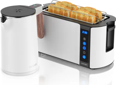 Produktbild von Arendo Frühstücks-Set Edelstahl, Wasserkocher mit Temperatureinstellung 1,5l, 4 Scheiben Langschlitztoaster, 4 Scheiben Toaster, Brötchenaufsatz, Touch, weiß