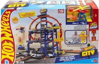 Produktbild von Mattel Hot Wheels City Mega-Parkgarage-Spielset mit 1 Die-Cast-Spielzeugauto und 1 Spielzeug-Hubschrauber im Maßstab 1:64