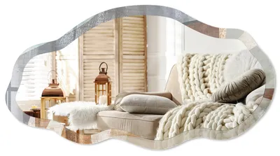 Imagen del producto de Espejo de pared moderno con un borde decorativo, de 90x45 cm. Espejo asimétrico de forma libre, una decoración original para salón, recibidor y dormitorio. Formas orgánicas, Imagen generada por IA