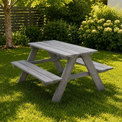 Produktbild von HAGO24 Kindersitzgruppe Sitzset Kinderbank Picknicktisch Tannenholz Gartenmöbel Grau Kindergarten Essplatz
