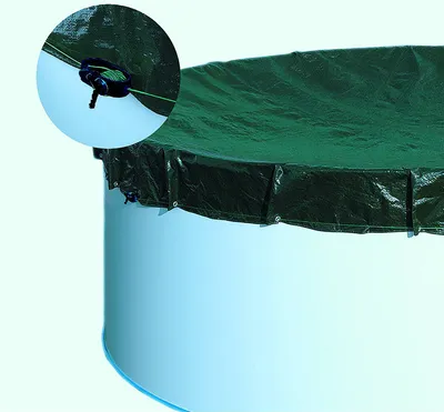 A close-up view of a green tarp covering the top of a light blue cylindrical object, likely a pool. A circular inset shows a detail of how the tarp is secured with a rope and a black toggle.