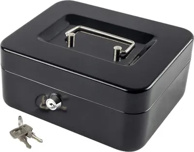 Zdjęcie produktu dla Metalowa kasetka na pieniądze z wkładem na monety, czarna, 15 × 12 × 8 cm