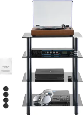 Produktbild von SucceBuy 4-poziomowy stojak multimedialny AV, regulowany schowek audio/wideo z półkami z hartowanego szkła, szafka multimedialna do gier i pomieszczeń do nagrywania na DVD/konsole/skrzynki kablowe