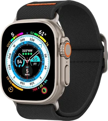 A close-up studio shot of a smartwatch with a black band and a silver casing, displaying a detailed watch face with various metrics.