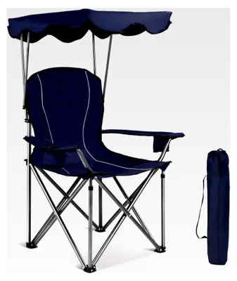Produktbild von Campingstuhl mit Überdachung, Klappbar und Tragbar, mit Armlehnen und Getränkehaltern, Belastbarkeit bis 130 kg, Geeignet für Camping, Strand, Garten, Pool und mehr