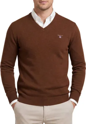 Produktbild von Gant Pullover mit V-Ausschnitt und meliertem Dessin aus Baumwoll-Woll-Mix, Braun