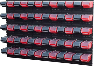 Produktbild von Stapelboxen Wandregal Sichtlagerkästen 6 x Wandregal Lagersystem 60 Boxen schwarz und rot