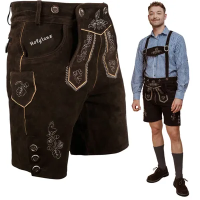 Produktbild von HOFGLANZ® Trachten Lederhose Herren Kurz [DUNKELBRAUN / Gr. 48] Hochwertige Trachtenhose für Herren [INKL. HOSTENTRÄGERN] - Echtlederhose Oktoberfest