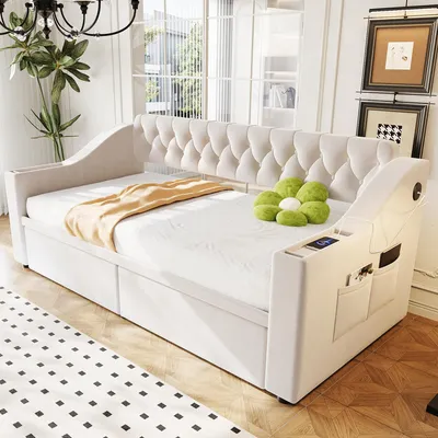 Image de Canapé-lit LVHOM avec sommier à lattes 90 x 190 cm, lit de jour en velours avec espace de rangement et port USB, lit rembourré avec tiroirs et compartiments dans les accoudoirs, beige