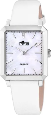 A square-faced watch with a white mother-of-pearl dial and a white leather strap, shown from a front-facing angle against a white background.