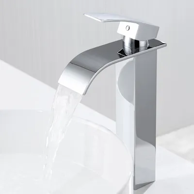 Produktbild von Auralum Waschtischarmatur Chrom, Wasserfall Wasserhahn Bad Hochauslauf, Einhandmischer Kalt Warm, Hochdruck Badarmatur für Aufsatzwaschbecken