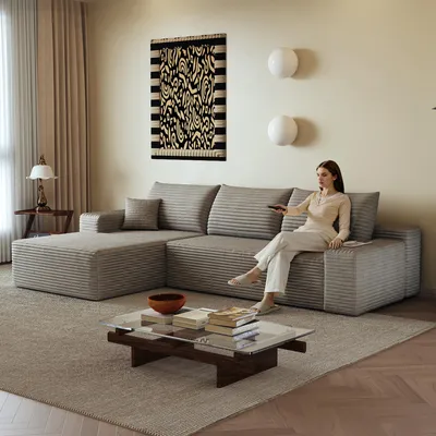 Zdjęcie produktu dla Modułowa sofa narożna bez podłokietników, 270 cm, kształt litery L, głębokie siedzisko, bez konieczności montażu, sofa kompresyjna (kolor: beżowy)