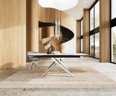 Produktbild von DELIFE Esstisch Edge 200-300x100 Keramik Laminam®Statuarietto Weiß Kreuzgestell Rechteck Edelstahl ausziehbar