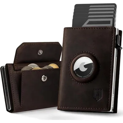 Produktbild von Kartenetui Herren mit AirTag Fach und XL Münzfach, RFID Schutz, Pop-Up Funktion, Braun/Silber